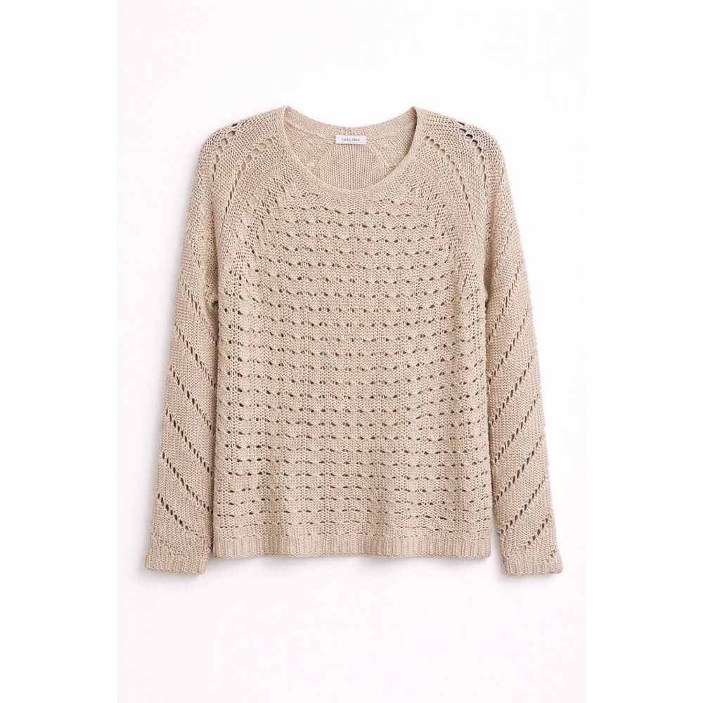 Lascana US 4/6 Beige Open Knit Sweater Boho‎ Lightweight Crochet Pullover